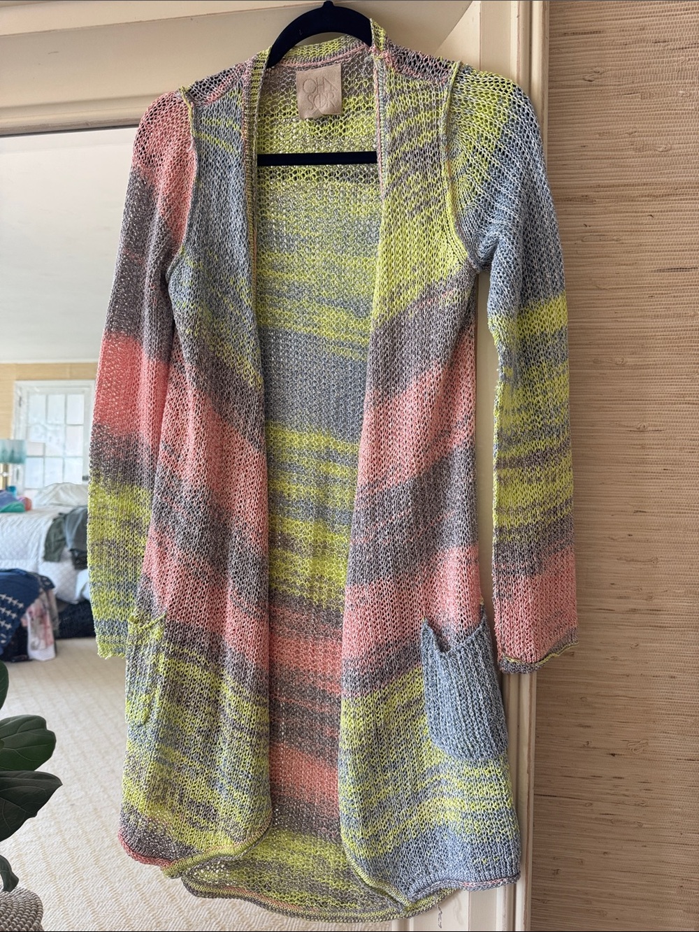 Chaser Open-Front Striped Cardigan - Pink, Gray & Yellow